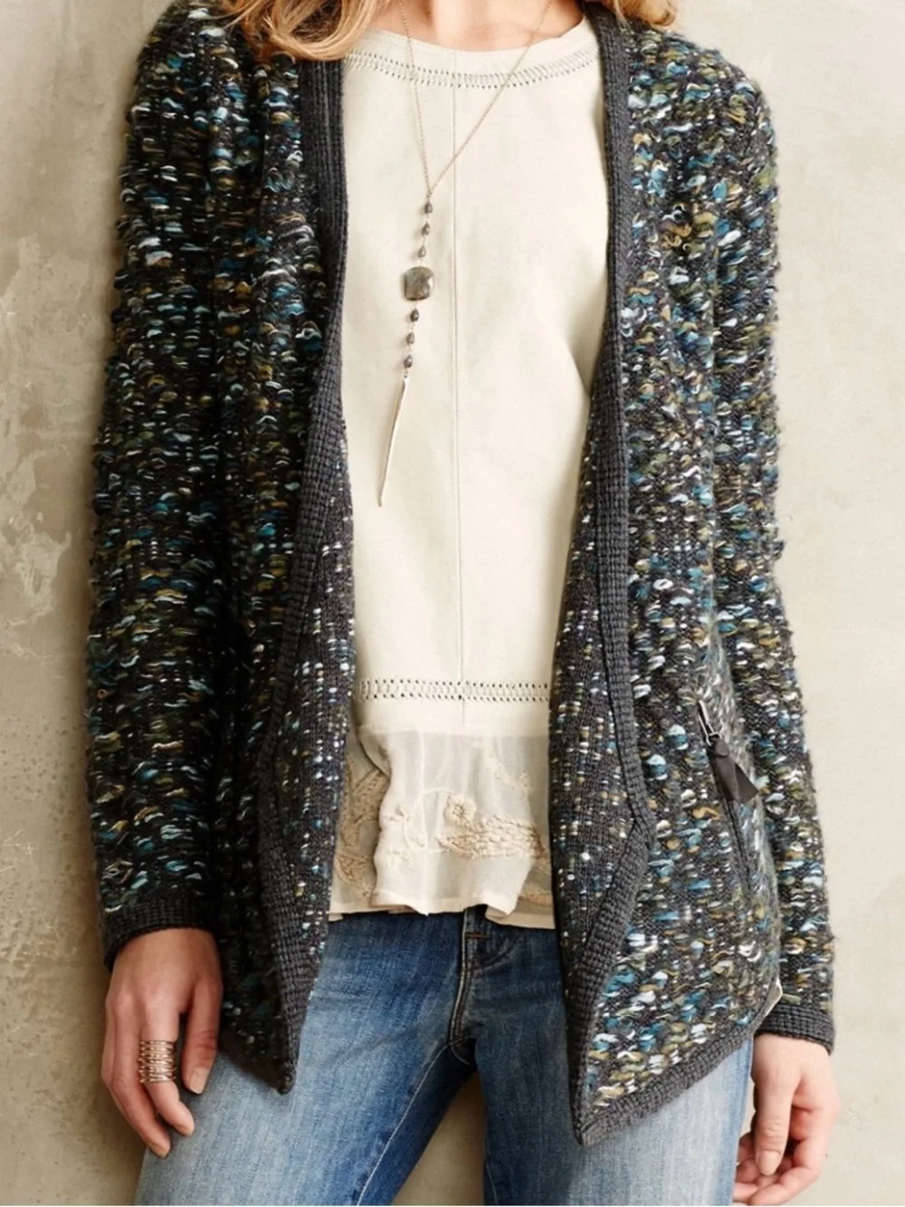 Anthropologie Moth Keavy Jacquard Open Cardigan Chunky Knit Cocoon Size M *Read